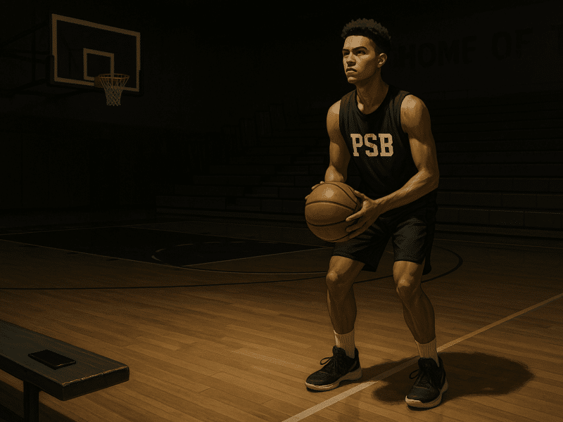 High school basketball player practicing alone in a dimly lit gym, focused on self-improvement.
